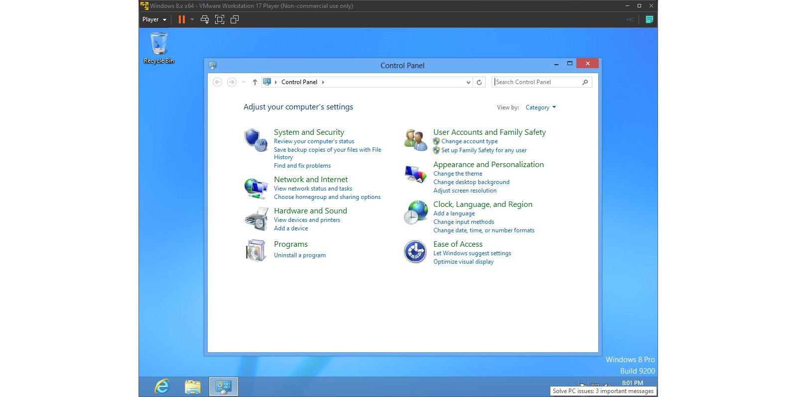 Capturas de tela do Windows 8 em uma máquina virtual, mostrando o Painel de Controle