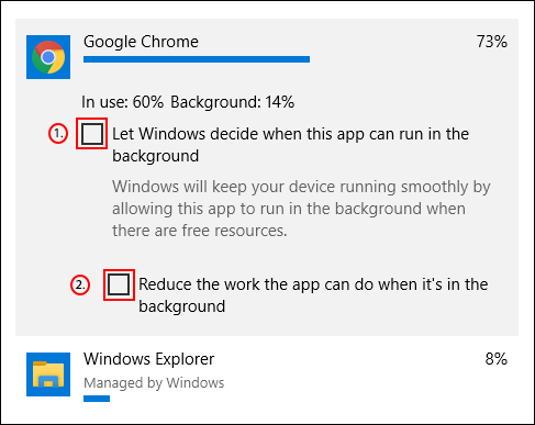 Toque em uma entrada na lista de uso de energia do aplicativo do Windows e desmarque as caixas de seleção de energia em segundo plano