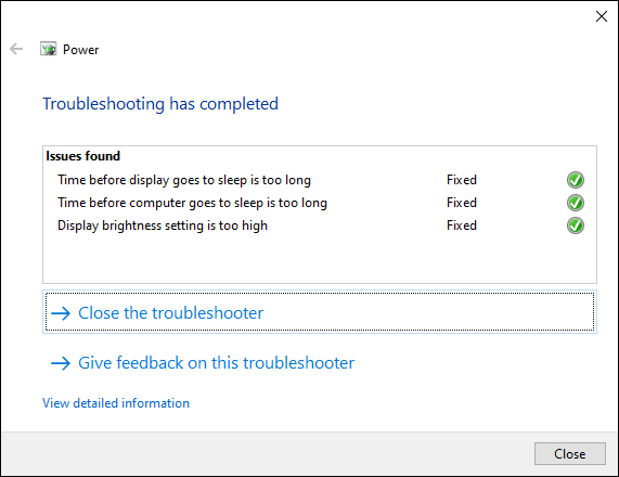 A ferramenta de solução de problemas do Windows, mostrando alterações concluídas nas configurações de energia