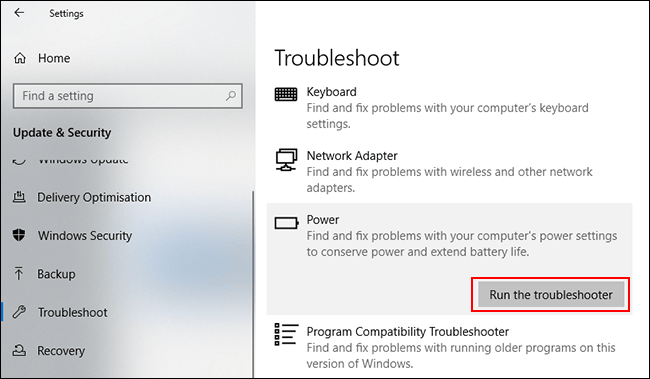 No menu Solução de problemas do Windows, clique em Energia e em Executar o solucionador de problemas