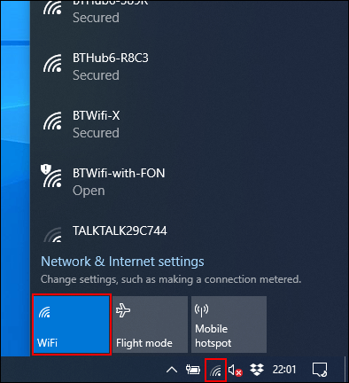 Toque no menu WiFi na barra de tarefas do Windows e clique no bloco WiFi para ativá-lo ou desativá-lo