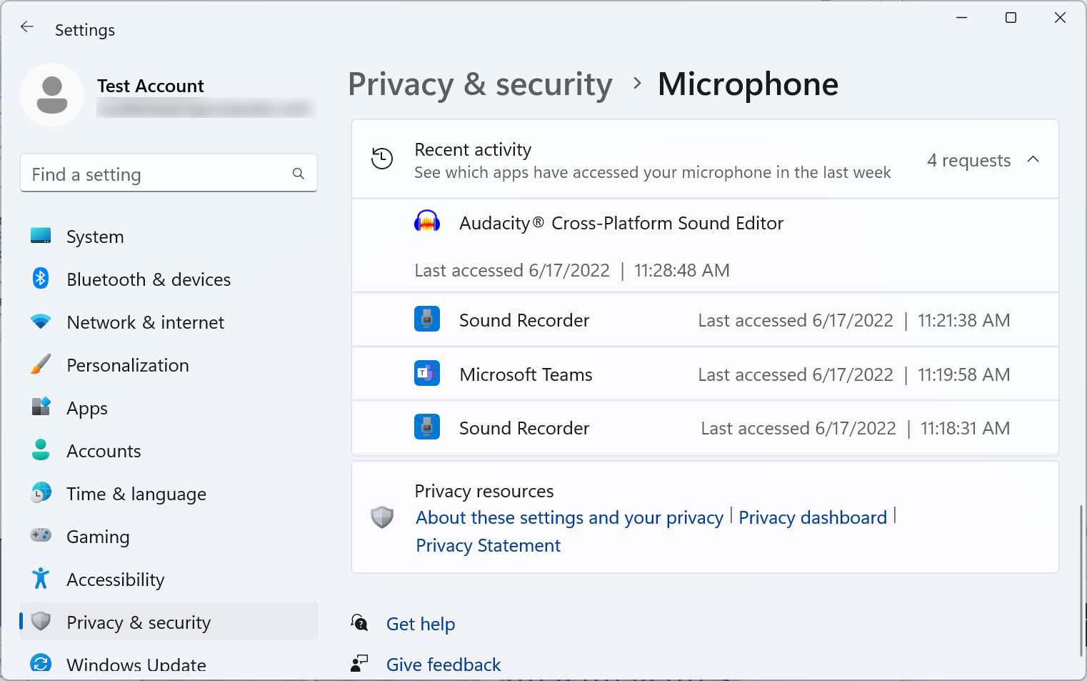 Captura de tela de uma página de privacidade nas configurações do Windows 11
