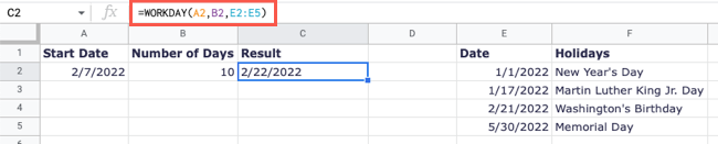 Fórmula WORKDAY com feriados