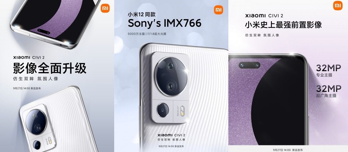 Slides da Xiaomi detalhando vários recursos do Xiaomi Civi 2, incluindo sua câmera traseira de 50 MP e suas câmeras frontais duplas de 32 MP