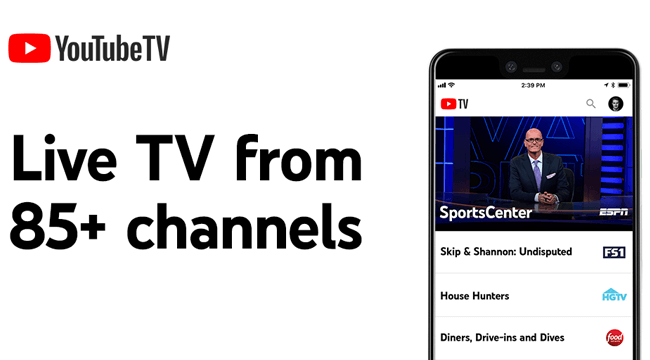 Arte promocional do YouTubeTV com logo e aplicativo mobile visíveis.