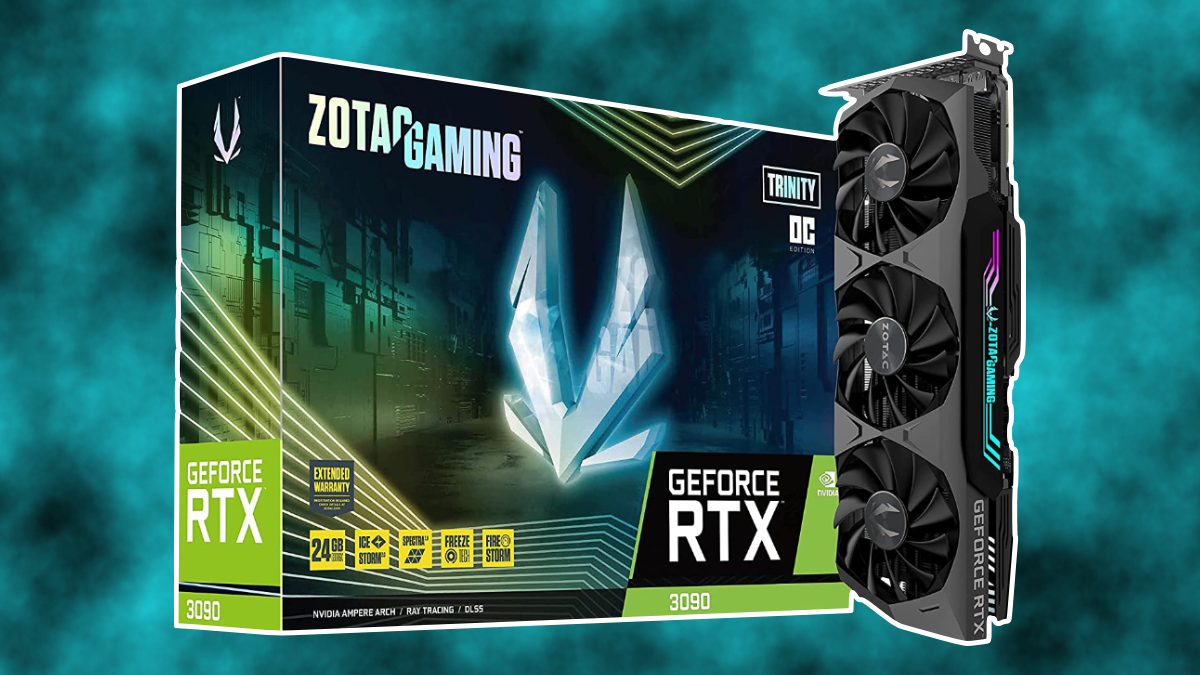 Imagem do produto ZOTAC GeForce RTX 3090 GPU em um fundo colorido e nublado