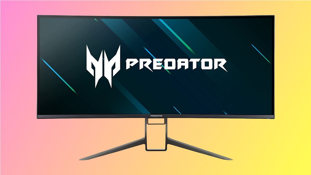 Acer Predator X38 em fundo rosa e amarelo