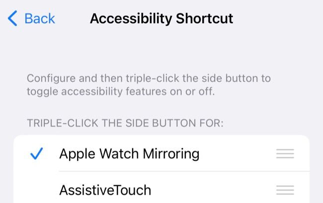 Adicione o Apple Watch Mirroring à sua lista de atalhos de acessibilidade