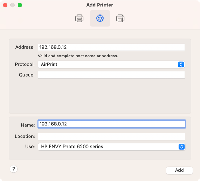 Adicione uma impressora usando seu endereço IP nas configurações do sistema macOS