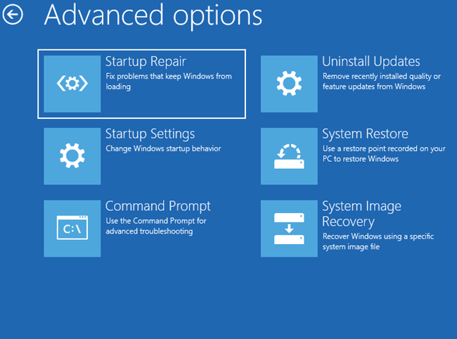 As opções avançadas disponíveis no Windows 10.