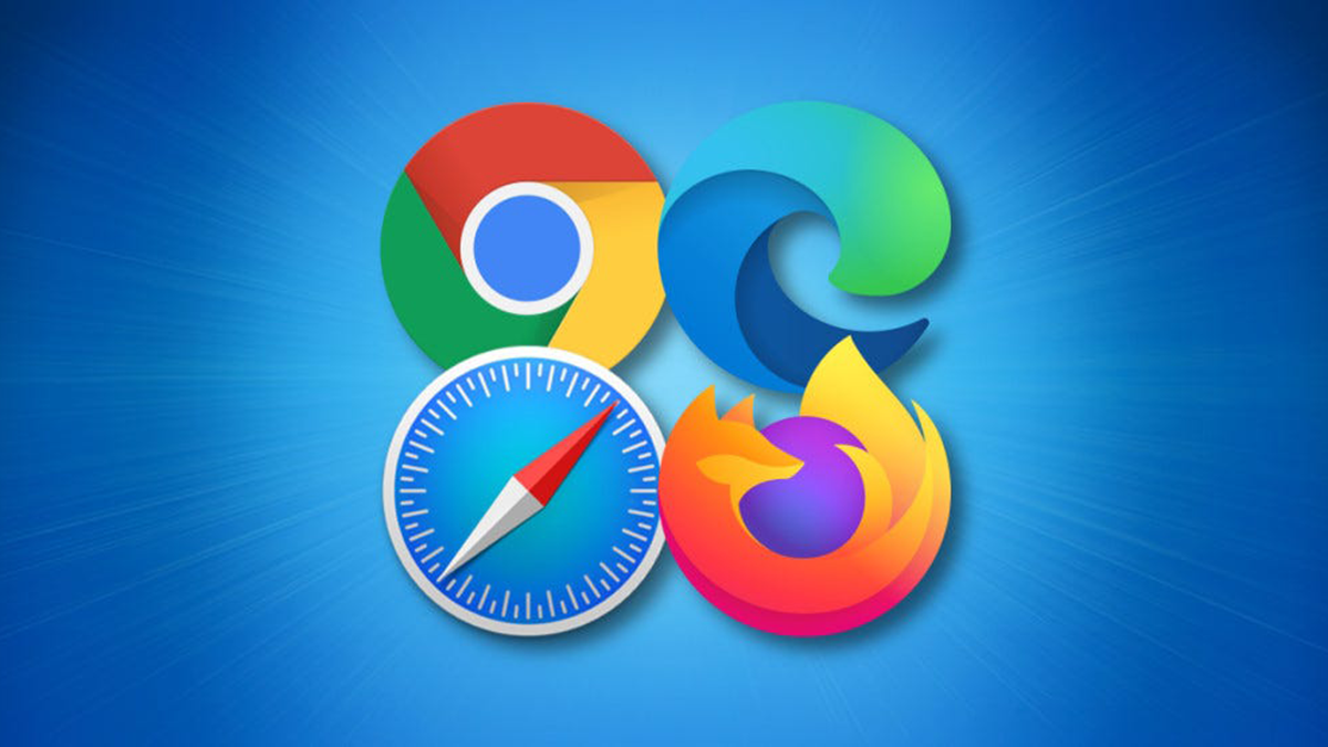 Quatro navegadores principais: logotipos Chrome, Edge, Safari e Firefox em azul.