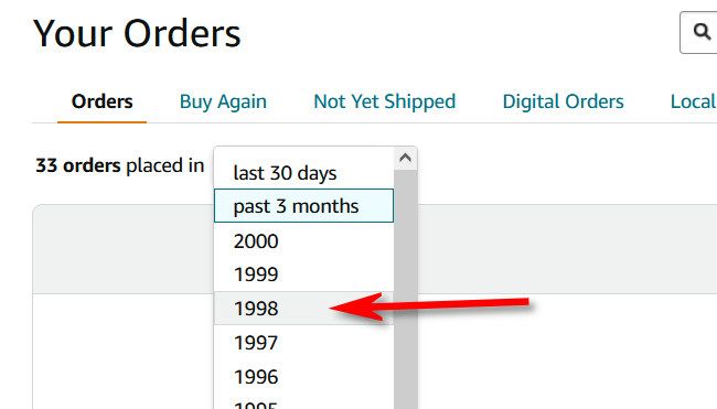 No menu suspenso, selecione o ano em que você criou sua conta Amazon.