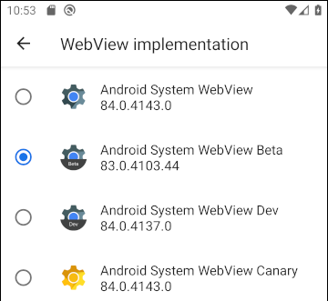 Versões do WebView do sistema Android