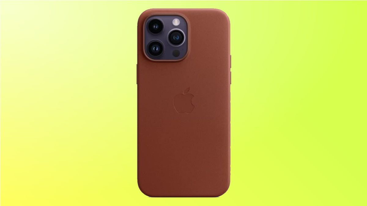 Estojo de couro Apple em fundo amarelo