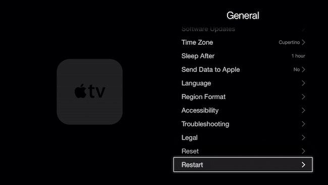 Reinicie uma Apple TV em Ajustes > Sistema > Reiniciar.