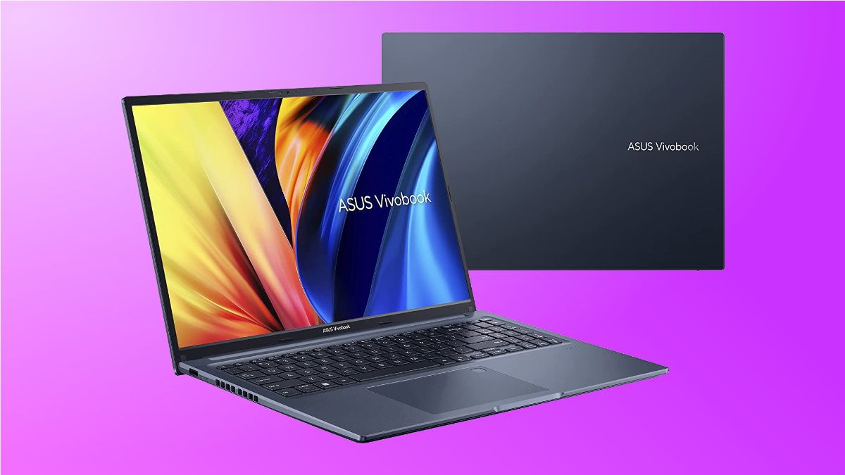 ASUS Vivobook 16X em fundo roxo