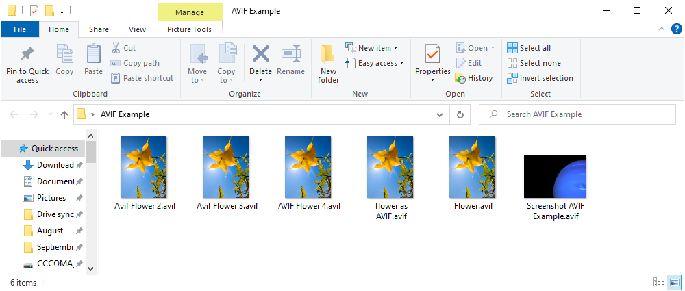 Funcionamento de miniaturas de imagens AVIF no File Explorer.