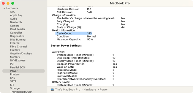 Ciclos de bateria do MacBook Pro 2021 de 16 polegadas