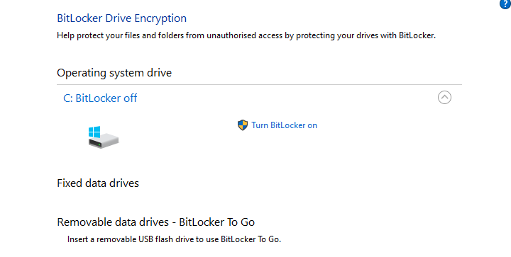 Controles do BitLocker no Windows 10 Pro