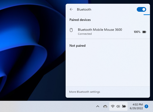 O menu Configurações rápidas do Bluetooth no Windows 11 22H2.