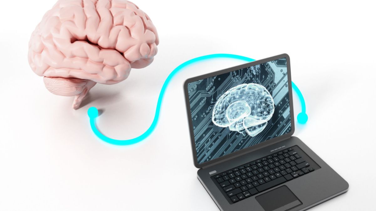 Um cérebro humano conectado por fio a um laptop com a ilustração de um cérebro na tela.