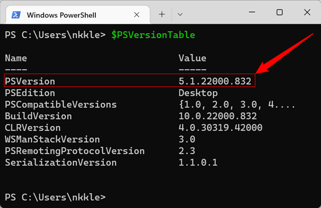 A versão atual do PowerShell exibida após a execução de "$PSVersionTable"