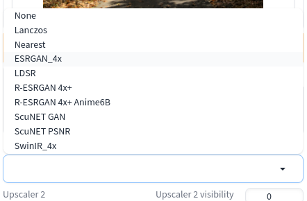Lista suspensa no Stable Diffusion WebUI mostrando upscalers disponíveis.