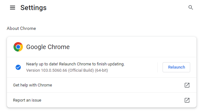 Instalação da atualização de segurança do Chrome 103.