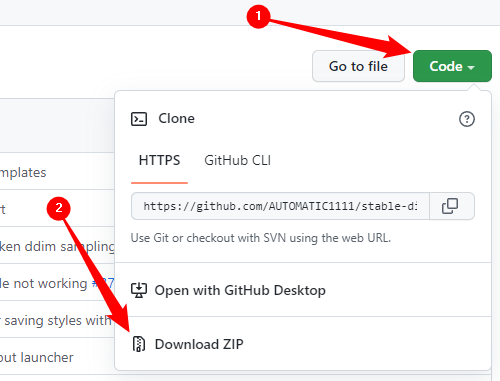 Clique no botão verde “Código” e clique em “Baixar ZIP”.