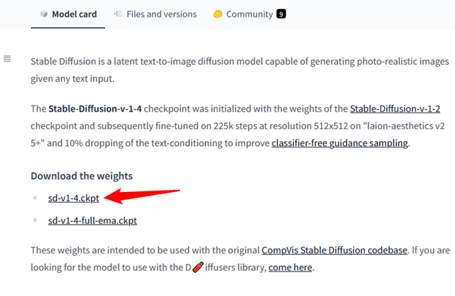 Clique em "sd-v1-4.ckpt" para iniciar o download.