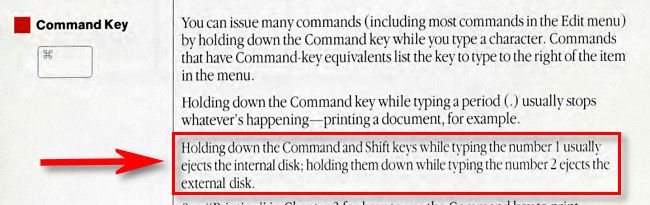 Shift+Command+1 explicado no manual original da Apple de 1984.