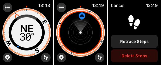 Visualizações do aplicativo Apple Watch Compass