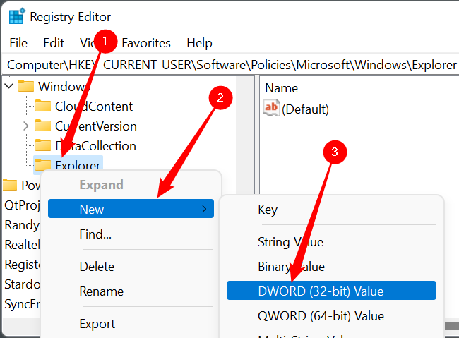 Clique com o botão direito em “Explorador”, passe o mouse sobre “Novo” e clique em “Valor DWORD (32 bits)”.