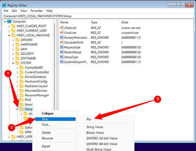 Aplicativo Regedit.  Crie uma nova chave de registro chamada “LabConfig” na chave de registro Setup.