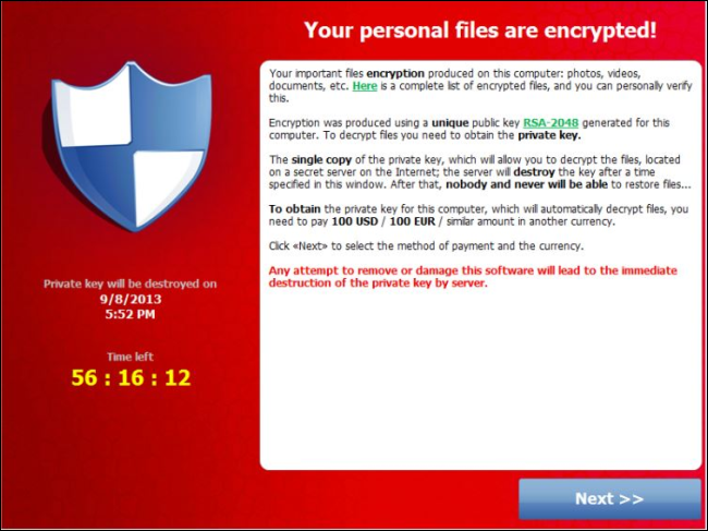 Uma mensagem pop-up avisando sobre ransomware.
