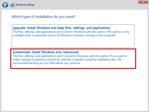 escolhendo o tipo de instalação na configuração do Windows