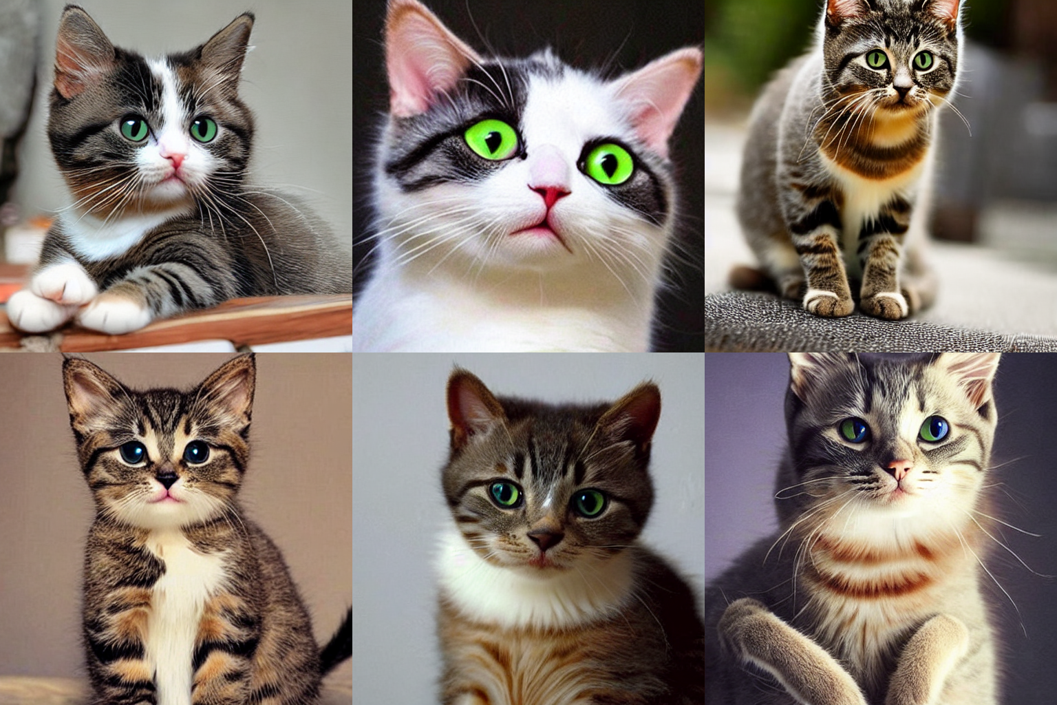 Um painel de 6 imagens de saída do Stable Diffusion usando o prompt "Cute cat".