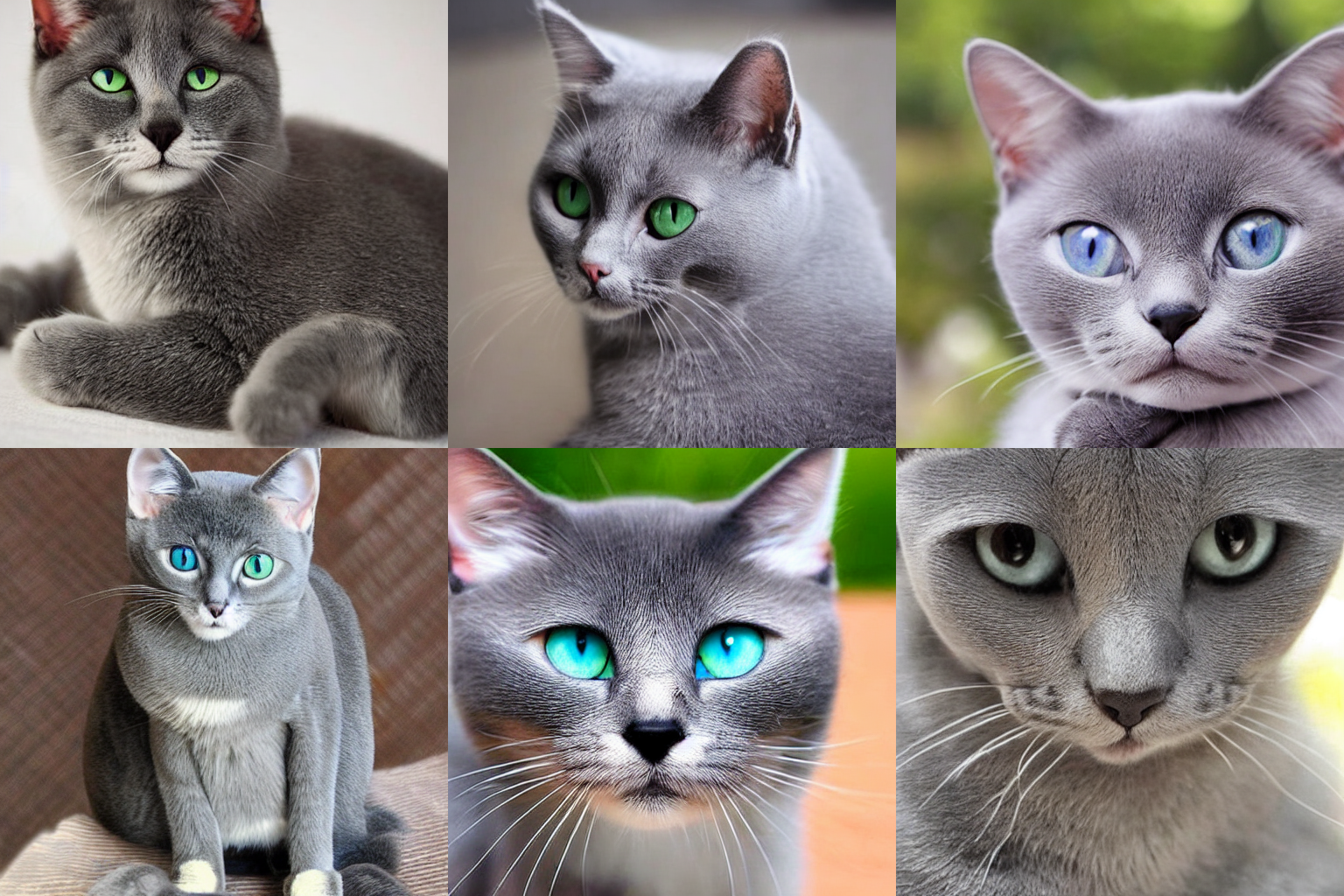 Um painel de 6 imagens de saída do Stable Diffusion usando o prompt "Cute grey cat".