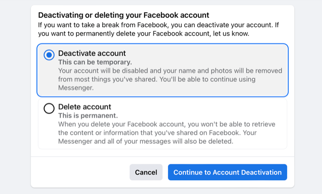 Desative sua conta do Facebook