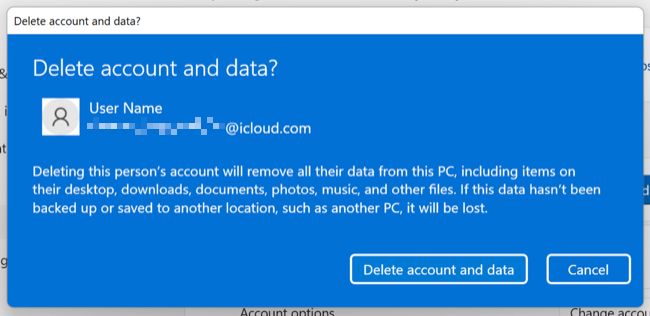 Confirme a remoção da conta no Windows 11