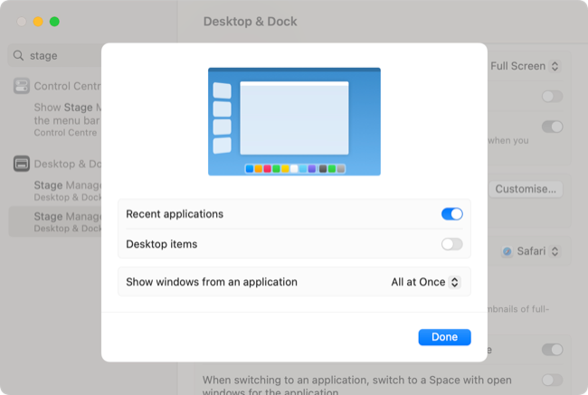 Personalize o Stage Manager nas configurações de Desktop e Dock