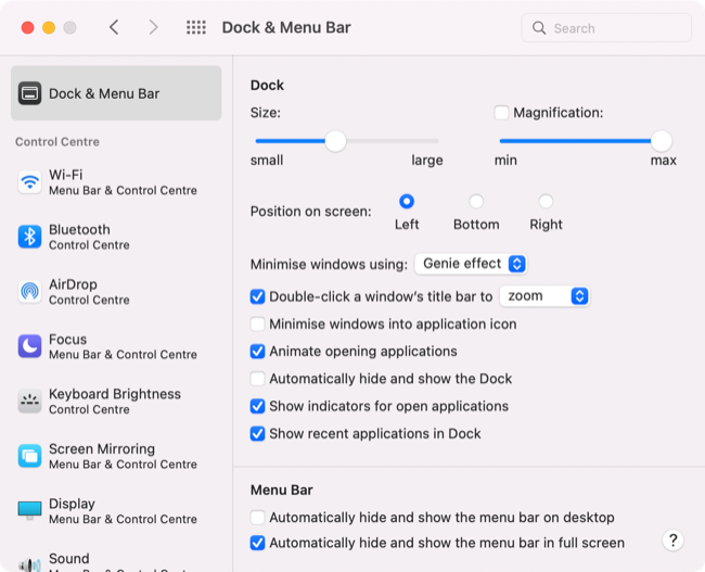 Configurações do Dock e da barra de menu no macOS