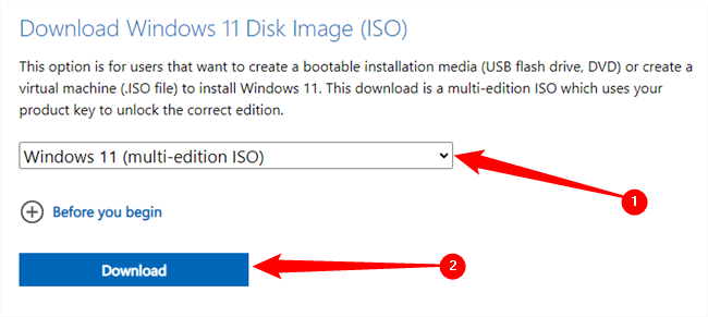 Selecione "Windows 11 (ISO de várias edições) na lista e clique em" Baixar ".
