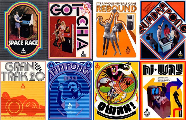 Capas de oito panfletos de jogos de arcade do início de meados da década de 1970.