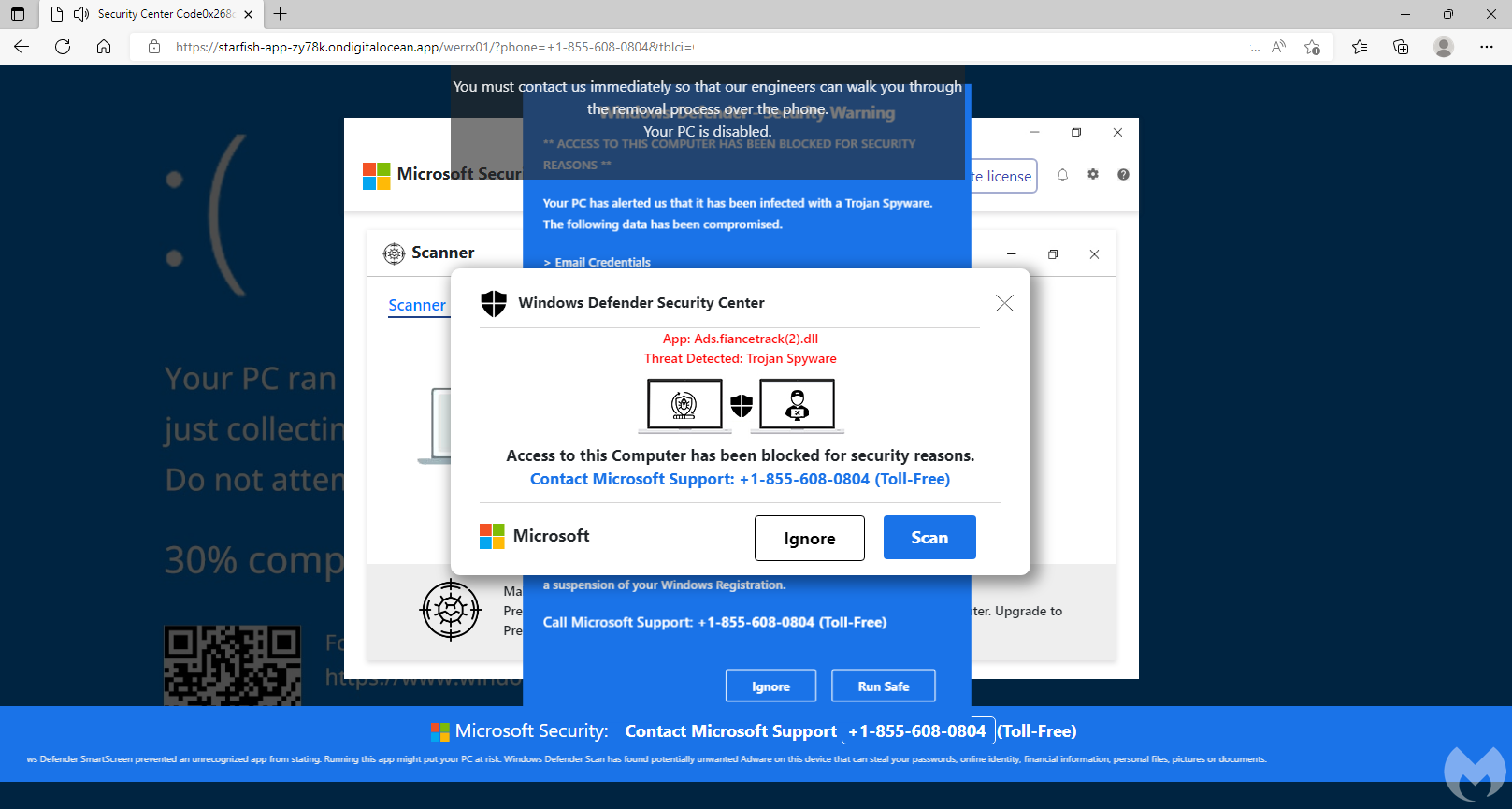 Captura de tela de uma página da web mostrando uma mensagem falsa do Windows Defender