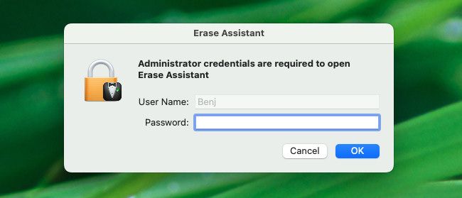 No Erase Assistant, digite o nome de usuário e a senha do administrador.