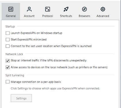 Configurações gerais da ExpressVPN