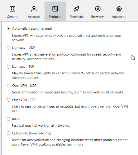 Protocolos VPN disponíveis para ExpressVPN