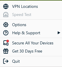 Menu de configurações da ExpressVPN