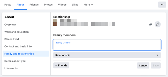 Adicione membros da família ou relacionamentos do Facebook